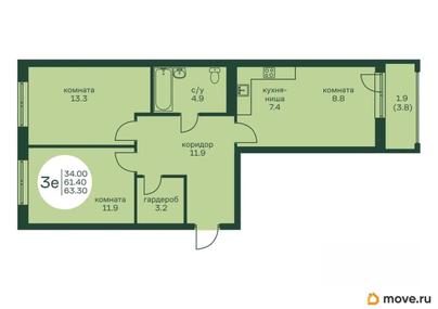 3-комн. квартира, 63.3 м&sup2;