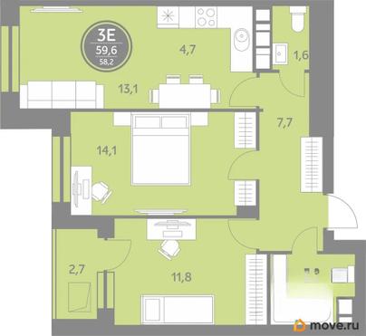 2-комн. квартира, 58.2 м&sup2;