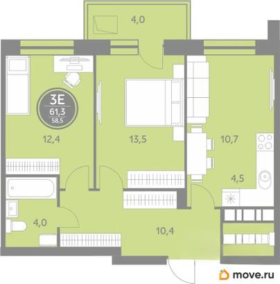 2-комн. квартира, 58.5 м&sup2;