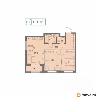 3-комн. квартира, 61.1 м&sup2;