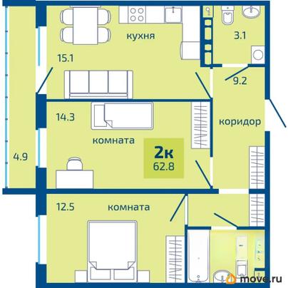 2-комн. квартира, 62.8 м&sup2;
