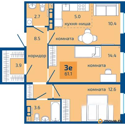 3-комн. квартира, 61.1 м&sup2;