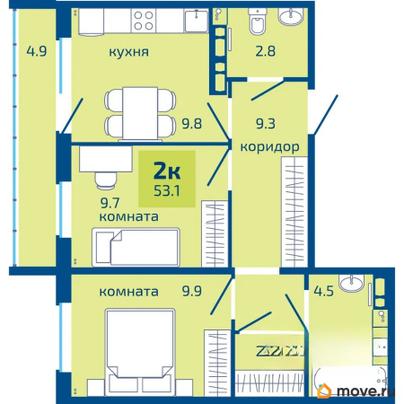 2-комн. квартира, 53.1 м&sup2;