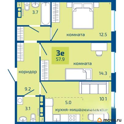 3-комн. квартира, 57.9 м&sup2;