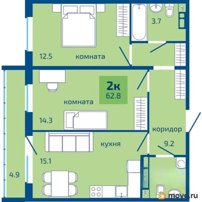 2-комн. квартира, 62.8 м&sup2;