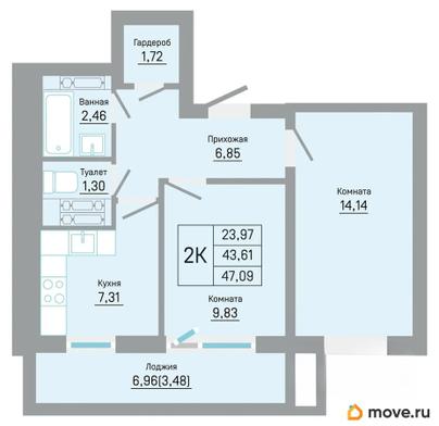 2-комн. квартира, 47.09 м&sup2;
