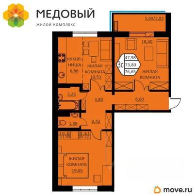 3-комн. квартира, 72.3 м&sup2;