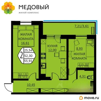 2-комн. квартира, 51.5 м&sup2;
