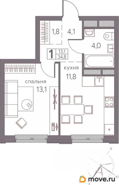 1-комн. квартира, 34.8 м&sup2;