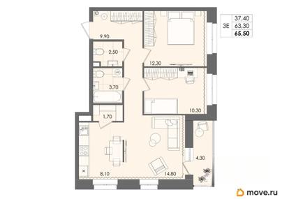 3-комн. квартира, 65.5 м&sup2;