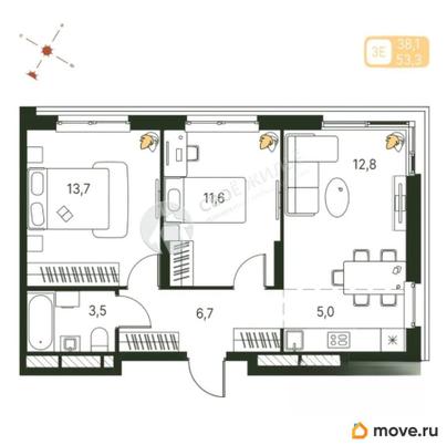 2-комн. квартира, 53.3 м&sup2;