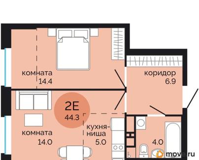 2-комн. квартира, 44.3 м&sup2;