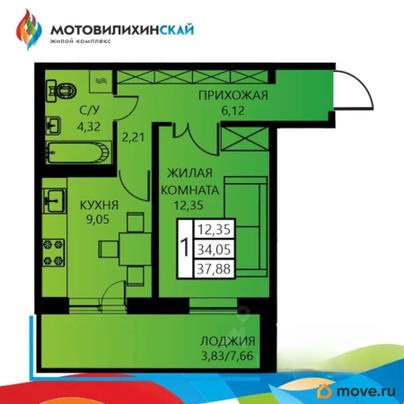 1-комн. квартира, 37.88 м&sup2;