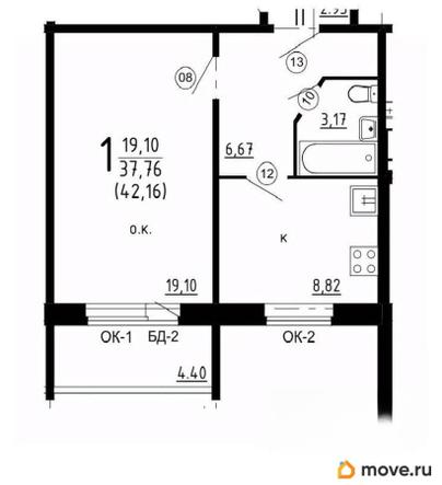 1-комн. квартира, 42.16 м&sup2;
