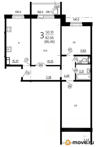 3-комн. квартира, 90.86 м&sup2;
