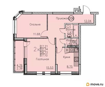2-комн. квартира, 57.1 м&sup2;