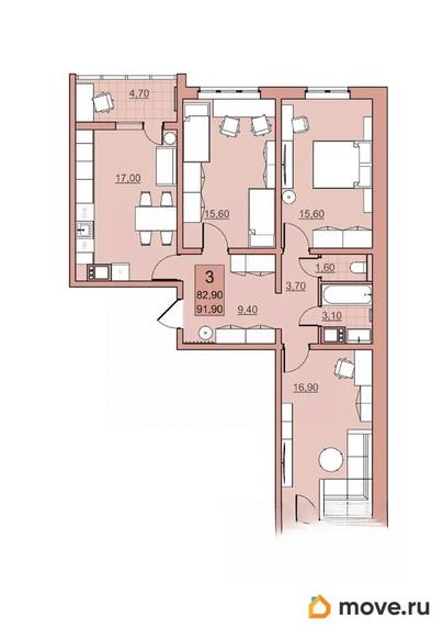 3-комн. квартира, 82.9 м&sup2;