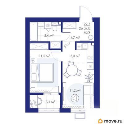 2-комн. квартира, 40.9 м&sup2;