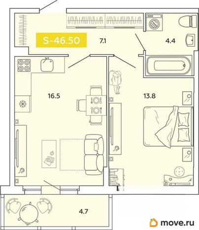 2-комн. квартира, 46.5 м&sup2;