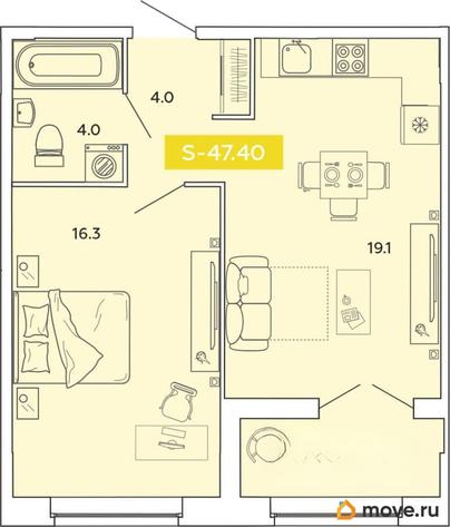 2-комн. квартира, 47.4 м&sup2;