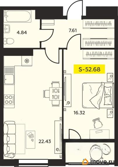 2-комн. квартира, 52.68 м&sup2;
