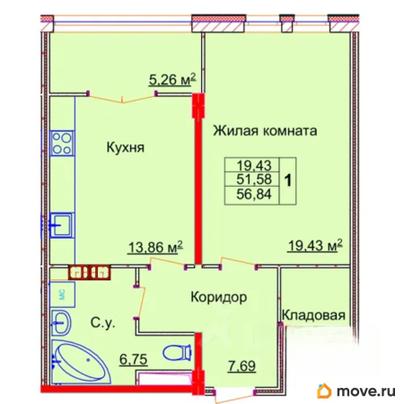 1-комн. квартира, 56.84 м&sup2;