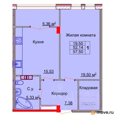 1-комн. квартира, 57.5 м&sup2;