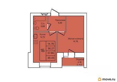 1-комн. квартира, 37.86 м&sup2;
