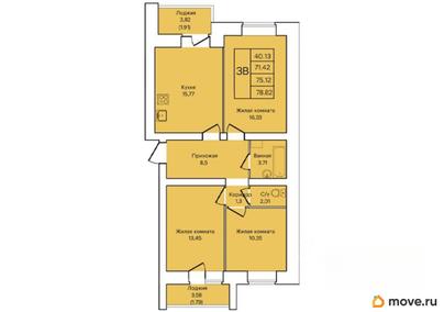 3-комн. квартира, 75.12 м&sup2;