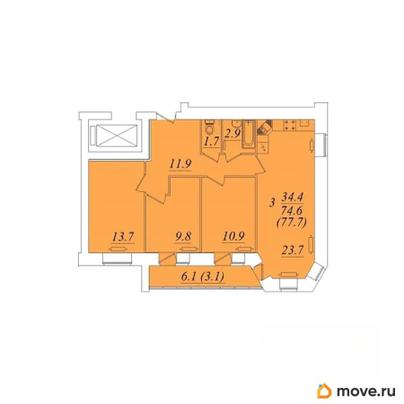 3-комн. квартира, 77.7 м&sup2;