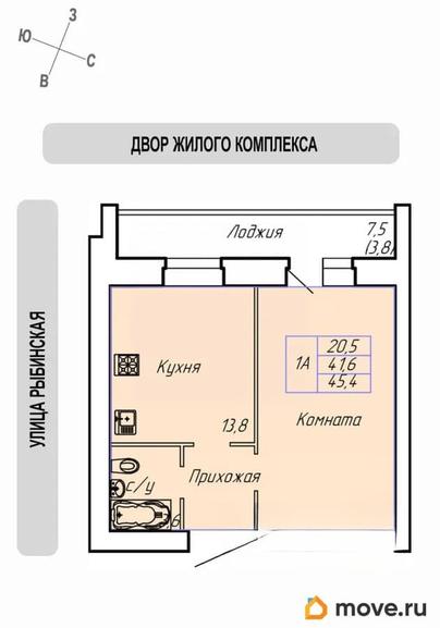 1-комн. квартира, 45.4 м&sup2;