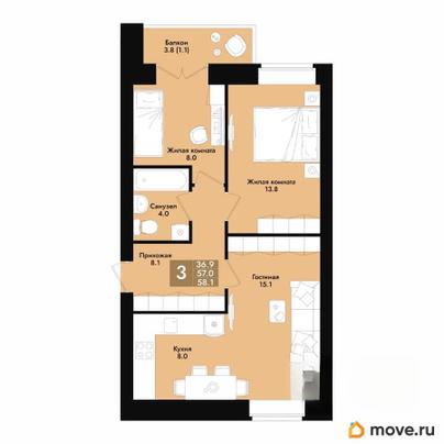 2-комн. квартира, 58.1 м&sup2;