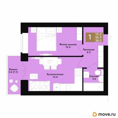 1-комн. квартира, 38 м&sup2;