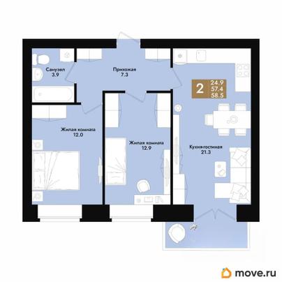 2-комн. квартира, 58.5 м&sup2;