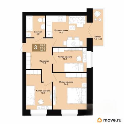 3-комн. квартира, 66.8 м&sup2;