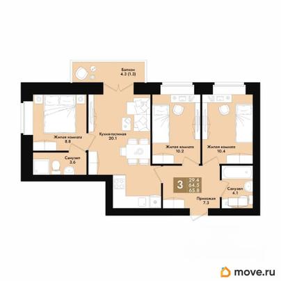 3-комн. квартира, 65.8 м&sup2;