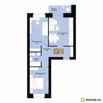 2-комн. квартира, 56.1 м&sup2;