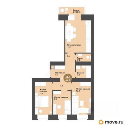 3-комн. квартира, 65.9 м&sup2;