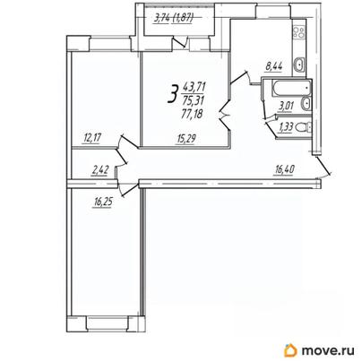 3-комн. квартира, 77.18 м&sup2;