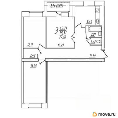 3-комн. квартира, 77.18 м&sup2;
