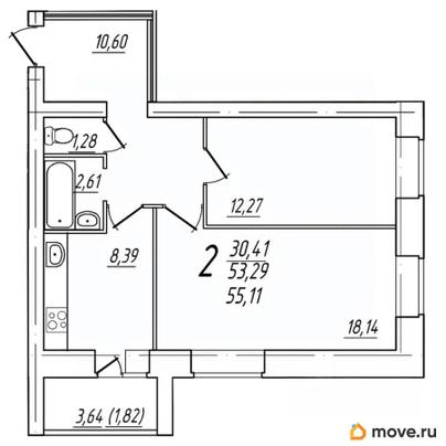2-комн. квартира, 55.11 м&sup2;