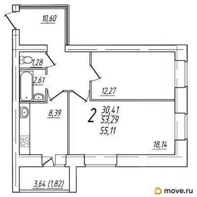 2-комн. квартира, 55.11 м&sup2;