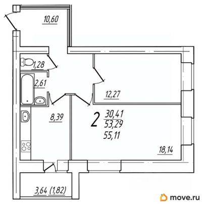 2-комн. квартира, 55.11 м&sup2;