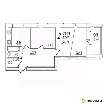 2-комн. квартира, 54.14 м&sup2;