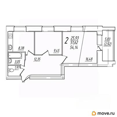 2-комн. квартира, 54.14 м&sup2;