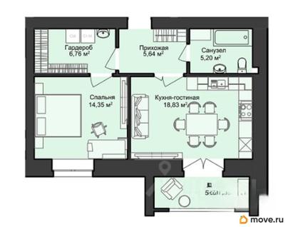 1-комн. квартира, 56.52 м&sup2;