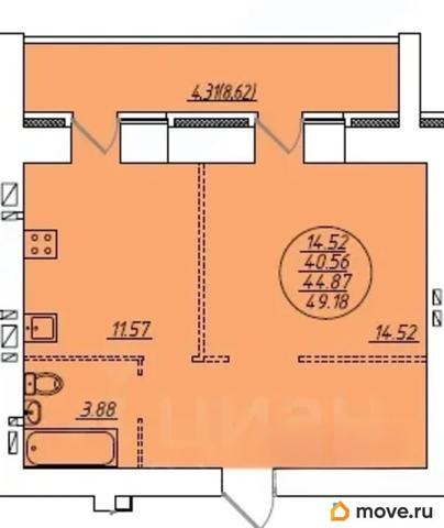1-комн. квартира, 44.87 м&sup2;