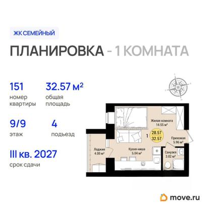 1-комн. квартира, 32.57 м&sup2;
