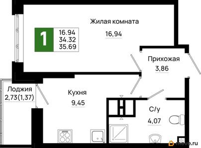 1-комн. квартира, 35.69 м&sup2;