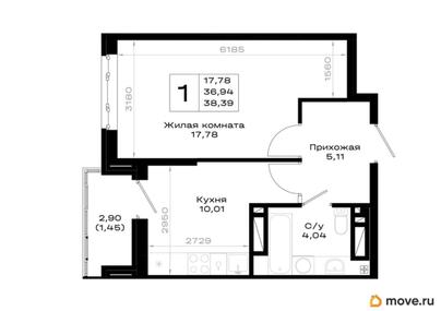 1-комн. квартира, 38.39 м&sup2;